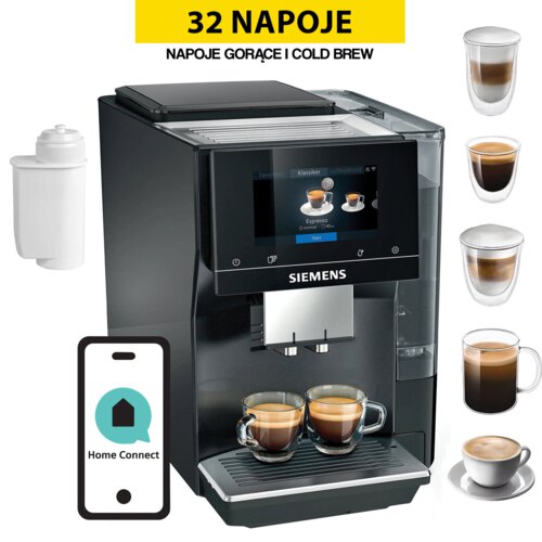 Ekspres SIEMENS EQ700 TP713R19 Czarny (Cold Brew) sterowanie przez aplikacje HomeConnect z filtrem